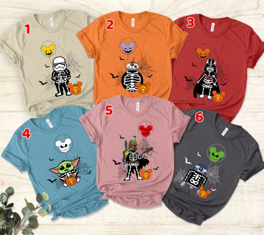 Discover Star Wars Halloween T-Shirt, Disney Star Wars Skeleton Shirt, Baby Yoda BB8 R2-D2 Darth Vader Boba Fett Stormtrooper Skeleton Mickey Balloon