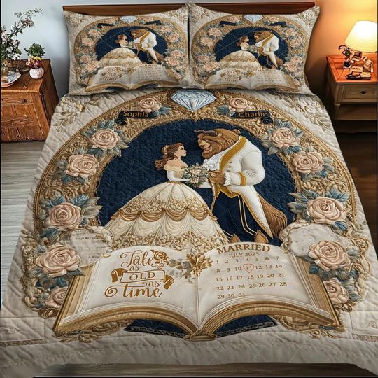 Personalized Tale As Old As Time Bedding Set, Beast Couple Anniversary Pillow Set, Princess and Monster Dancing Duvet Cover