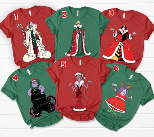 Disney All Villains Characters Christmas Lights Shirt, Ursula, Cruella, Evil Queen, Maleficent Shirt, Disneyland Family Xmas Matching Tee