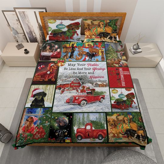 Vintage Dachshund Christmas Quilt Bedding Set: Red Truck Decor