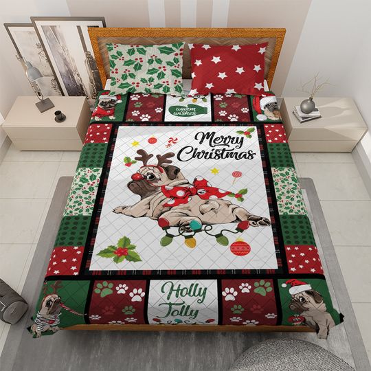 Pug Dog Christmas Quilt Bedding Set: Holiday Home Decor