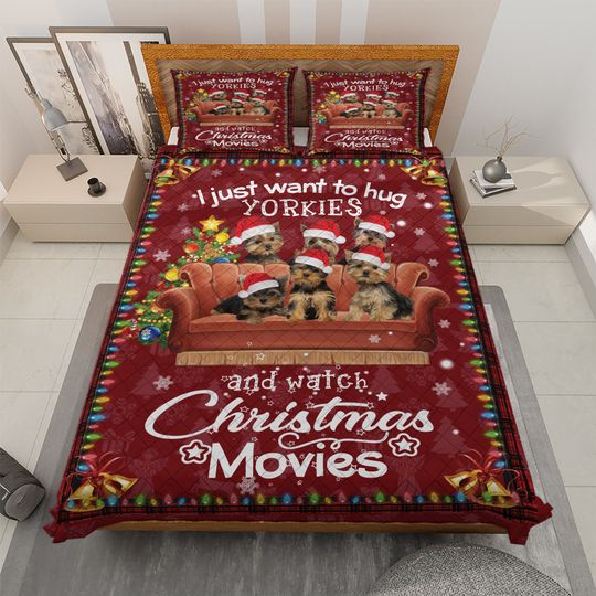 Yorkshire Terrier Christmas Quilt Bedding Set: Holiday Home Decor
