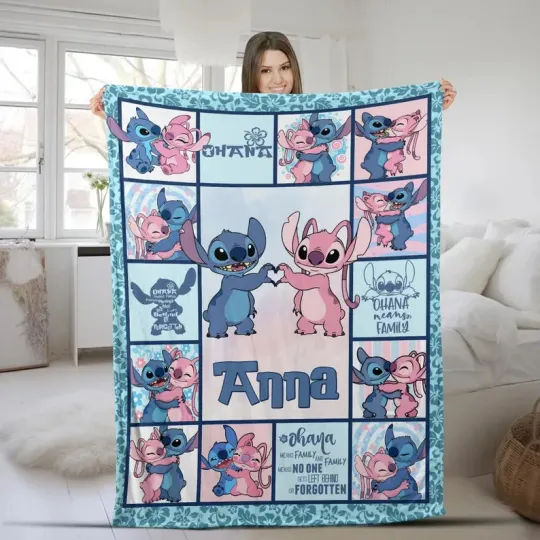 Discover Disney Stitch Angel Cute Coupe Ohana Customize Fleece Blanket