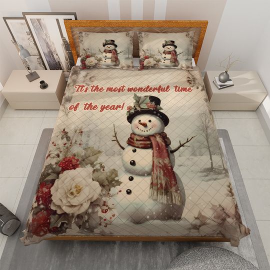 Discover Vintage Snowman Christmas Quilt Bedding Set: Holiday Home Decor