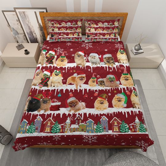 Discover Pomeranian Dog Christmas Quilt Bedding Set: Holiday Home Decor