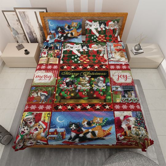 Retro Christmas Cat Quilt Bedding Set: Funny Holiday Home Decor