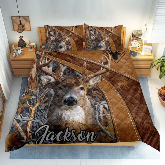 Personalized Deer Hunting Quilt Set, Hunting Quilt Blanket & Pillowcases, Custom Name Quilt Bedding Set, Gift for Grandpa, Dad, Husband, Son