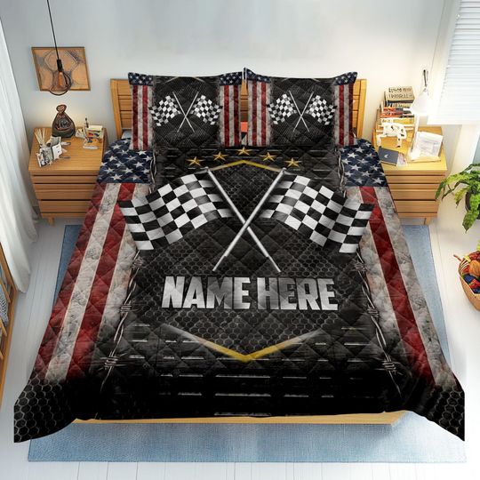 Discover Personalized Racing Black White Checkered Flag Quilt Blanket & Pillowcases, Custom Name Quilt Bedding Set, Gift for Racer, Dad, Husband, Kid