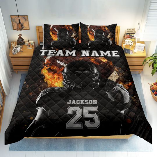 Personalized Football Quilt Bedding Set, Custom Name Football Quilt Blanket & Pillowcases, Football Quilt, Football Gift for Son, Team