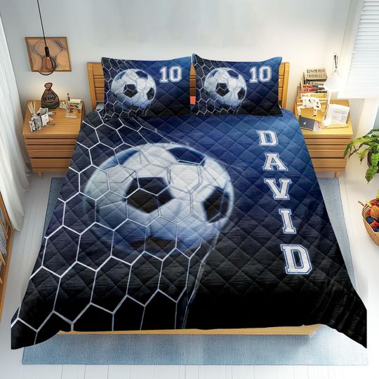 Discover Personalized Soccer Quilt Set, Soccer Quilt Blanket & Pillowcases, Custom Name Number Quilt Bedding Set, Gift for Dad, Husband, Son, Kid