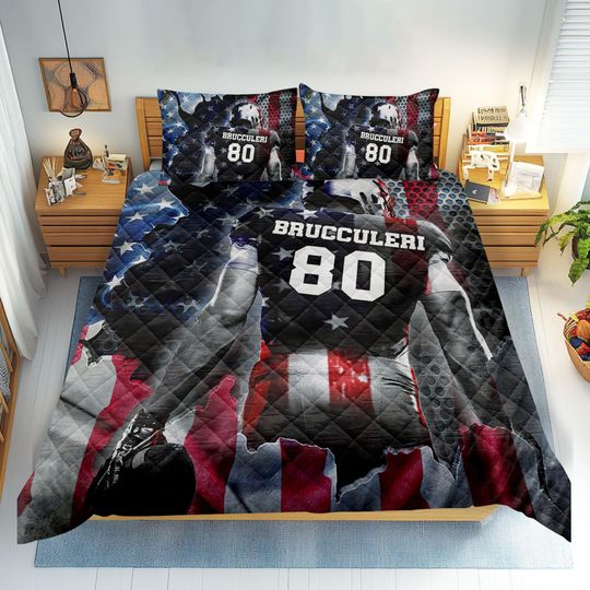 Discover Personalized Football Quilt Set, Player US Flag Quilt Blanket & Pillowcases, Custom Name Quilt Bedding Set, Gift for Dad, Husband, Son, Kid