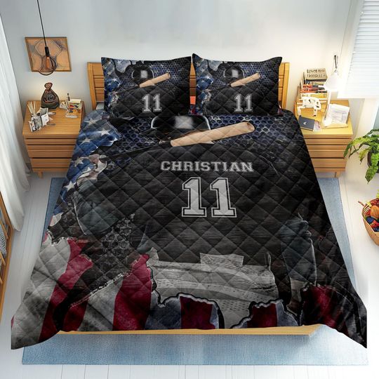Personalized Baseball Quilt Set, Player US Flag Quilt Blanket & Pillowcase, Custom Name Number Quilt Bedding Set, Gift for Dad, Husband, Son