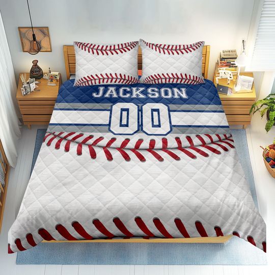 Discover Personalized Baseball Quilt Set, Baseball Quilt Blanket & Pillowcase, Custom Name Number Quilt Bedding Set, Gift for Dad, Husband, Son, Kid