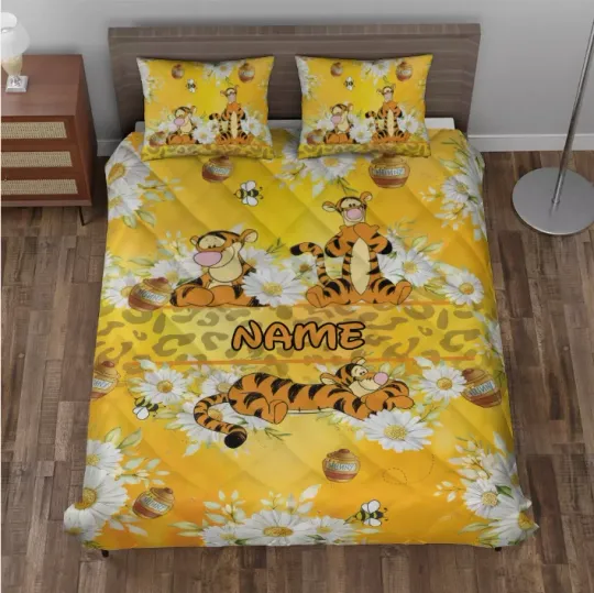 Personalized Funny Tigger White Daisy Flowers Winnie 3D Quilt Bedding Set