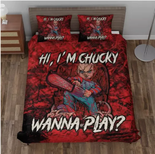 Hi I'm Chucky Wanna Play Horror Chucky Doll Bloody 3D Quilt Bedding Set US SIZE