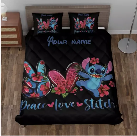Discover Personalized Peace Love Stitch Tropical Flowers Stitch 3D Quilt Bedding Set