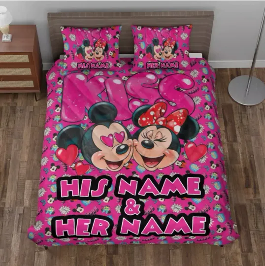 Discover Personalized Mickey And Minnie Mouse Cute Couple Kiss Sweet 3D Quilt Bedding Set