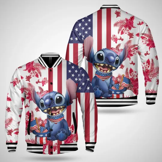 Cute Stitch Tropical Flowers Hapy 4th Of July Red White Blue Jacket