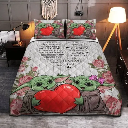 Cute Yoda Couple I Choose You To Do Life With Hand In Hand 3D Quilt Bedding Set