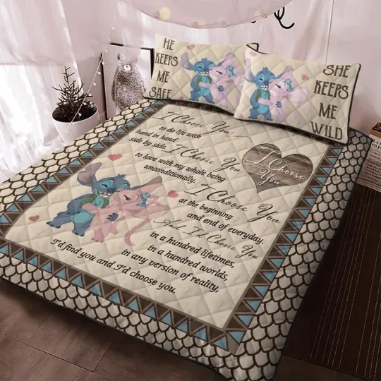 Stitch Angel I Choose You He Keeps Me Safe 3D Quilt Bedding Set