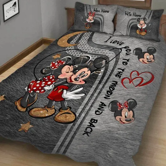 Personalized I Love You To The Moon & Back Mickey Minnie 3D Quilt Bedding Set