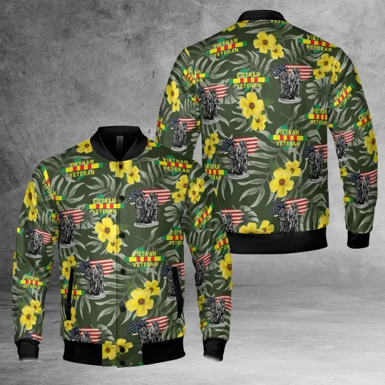 Proud Vietnam Veteran US Military Tropical Leaves Yellow Flowers Jacket