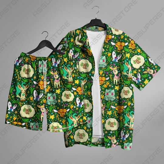 Bulbasaur Leafeon Hawaiian Shirt Tropical Button Up Shirt Cute Green Leafy Summer Gift Outfit Unisex Beach Set Bulbasaur Shirt Gifts