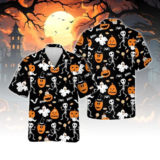 Discover Pumpkin Skeleton Dancing Hawaiian Shirt, Halloween Aloha Shirt, Spooky Season Button Up, Summer Party Outfit Unisex