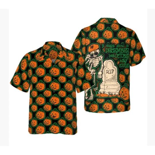 Discover Halloween Hawaiian Shirt: Spooky Pumpkin Skeleton Print, Unisex Aloha Top