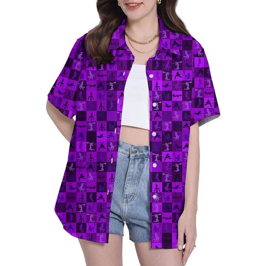 Discover Witch Halloween Pattern Hawaiian Shirt For Women Funny Halloween Short Sleeve Button Down Shirt Women Hawaiian Shirts