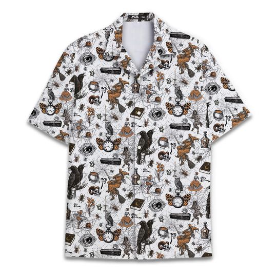 Discover Halloween Hawaiian Shirts Mens Halloween Hawaiian Shirt Vintage Button Down Halloween Shirt for Men Spider Witch Skull Shirt 2