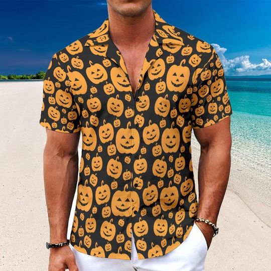 Halloween Pumpkin Shirt Men Black Orange Hawaiian Shirt, Funny Spooky Holiday Party Shirt, Ghost Festival Vacation Outfit Gift Fall Gift Tee