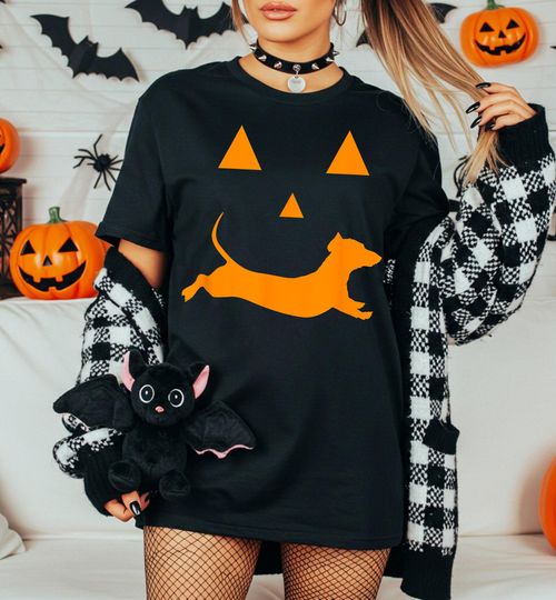 Discover Halloween Pumpkin Dachshund Jack-o-lantern T-shirt, Dachshund Shirt, Halloween Cute Dog Shirt, Cute Ghost Dogs Halloween Tee