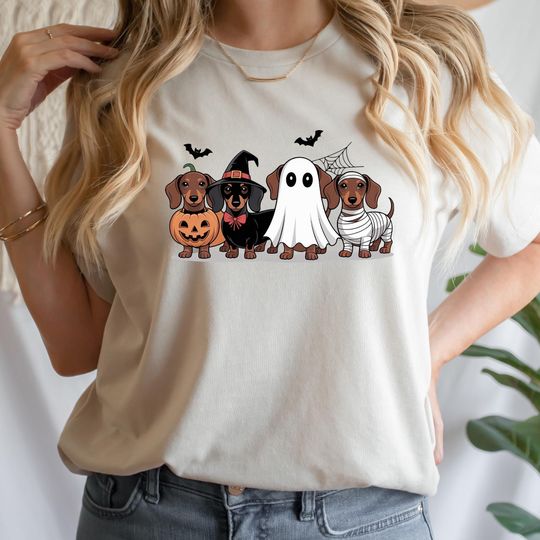 Discover Dachshund Halloween Shirt, Funny Wiener Dog in Pumpkin Ghost Witch Mummy Costume Tee, Cute Spooky Dog Mom Gift