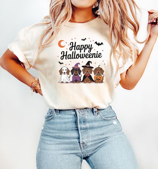 Happy Halloweenie Dachshund Dog Shiirt, Daschund Shirt Cute and Spooky Halloween Tshirt Design for Dog Lovers, Fall Bats and Moon Dog Costume