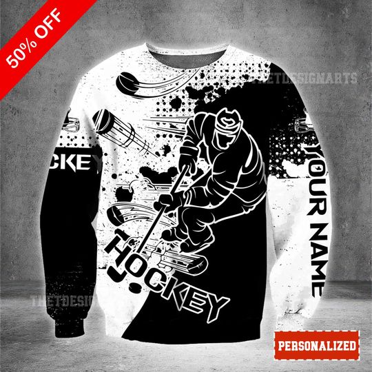 Discover Custom Name Hockey Sweatshirt Zip Hoodie, 3D Printed Unisex Hockey Shirt for Game Day, Unique Christmas Gift for Hockey Lovers