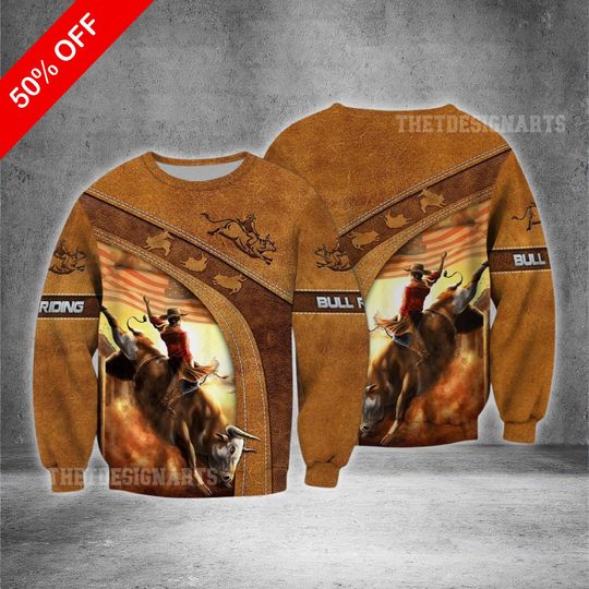 Discover Bull Riding American Flag Leather 3D Sweatshirt Hoodie, Patriotic Christmas Shirt for Western Style Gift, Cowboys Gift, Rodeo Fans Gift