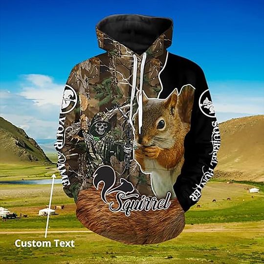 Discover Personalized Squirrel Hunting Hoodie Camo 3D All Over Print with Hunter and Squirrel Graphic, Custom Name Outdoor Hunting Gift