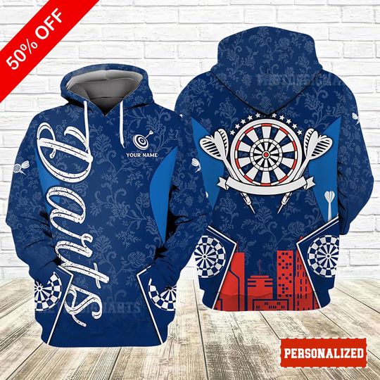 Discover Personalized Darts Hoodie Blue Flower Pattern 3D Printed Sweatshirt for Dart Lovers Christmas Gift