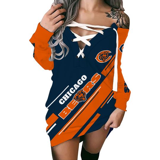 Chicago Bears V-Neck Lace Up Dress Womens Pullover Sweatshirt Dress Gift