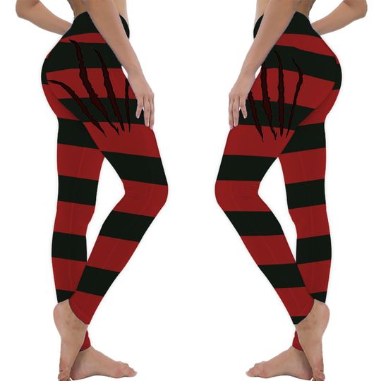 Freddy Krueger Halloween Leggings, Horror Printed Yoga Pants, Red & Green Striped Leggings for Women