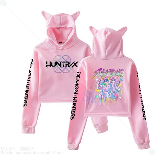 Huntrix Sajaboys KPop Demon Cosplay Anime Cat-eared Cropped Hoodie Casual Sweatshirt for Girls