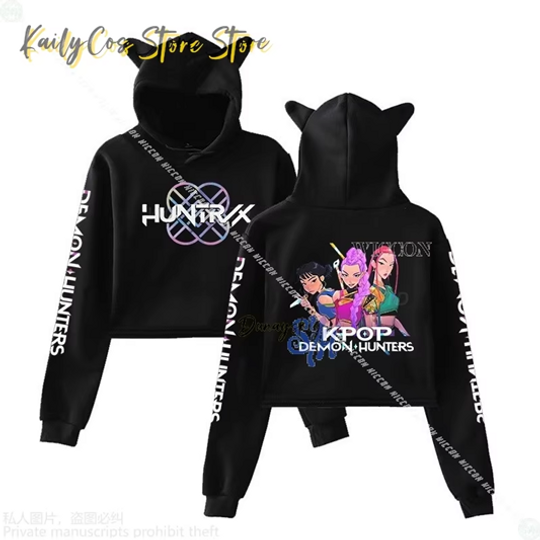 KPop Demon Cosplay Anime Huntrix Sajaboys Costume Fanart Cat-eared Cropped Hoodie Casual Sweatshirt Jirai Kei Girls Halloween