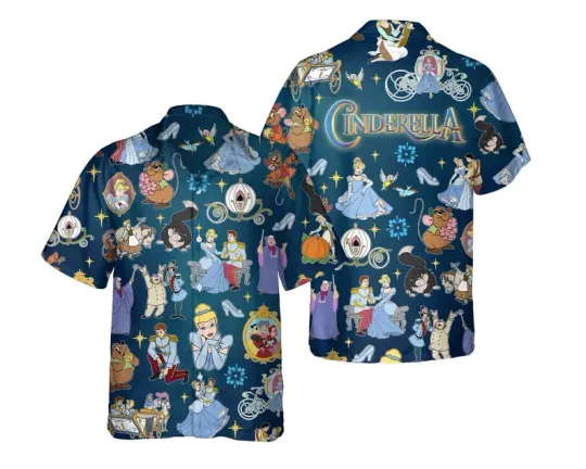 Discover Disney Retro Cinde Characters Summer Trip Teal Hawaiian Shirt