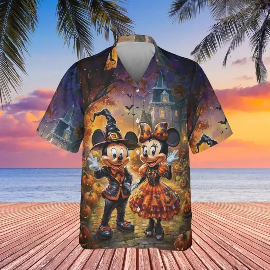 Discover Disney Mickey & Minnie Halloween Costume Castle Unisex Hawaiian Shirt