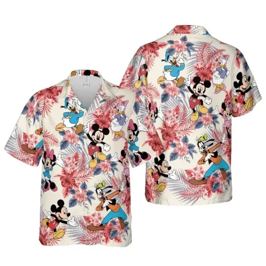 Discover Disney Mickey And Friends Hibiscus Tropical Leaves Cream Hawaiian Shirt
