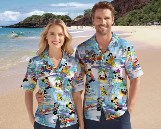 Discover Disney Mickey And Friends Tropical Summer Beach Blue Hawaiian Shirt