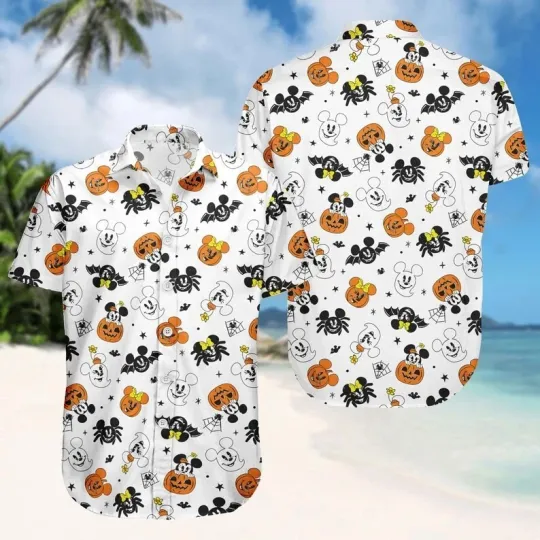 Discover Disney Halloween Mickey Mouse Horror Pumpkin Ghost Spooky White Hawaiian Shirt