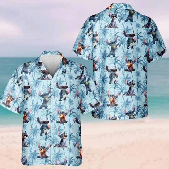 Discover Disney Lilo And Stitch Tropical Palm Tree 2025 Summer Blue Hawaiian Shirt