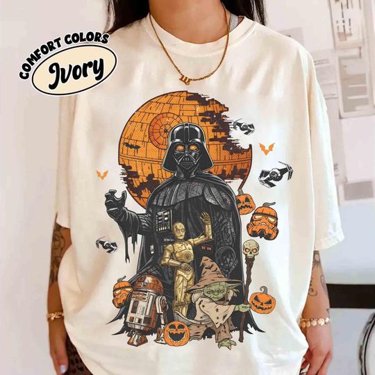 Discover Retro Star Wars Halloween Shirt, Death Star Pumpkin, Darth Vader R2D2 C3P0 Halloween Costume, Galaxy's Edge Family Halloween